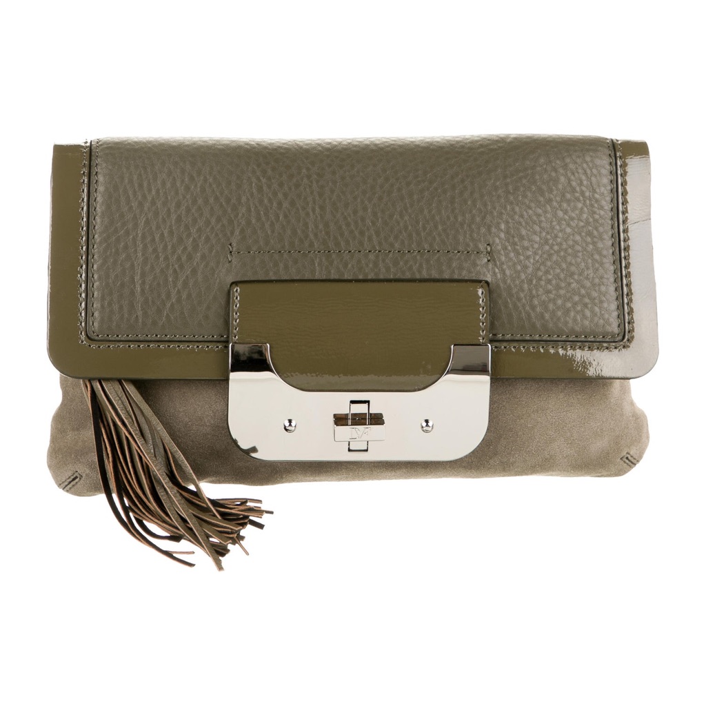 Nwot Olive Green Leather/Suede/Patent Leather Clutch With Turn Key Silver Clasp